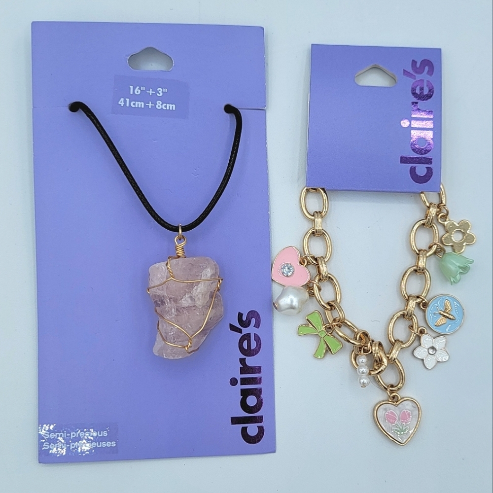 Claire's Quartz Necklace & Pastel Charm Bracelet Set NEW #0007